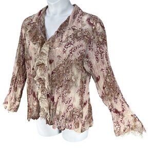 Vintage Notations Womens XL Sheer Chiffon Ruffled Crinkle Boho Button Up Blouse
